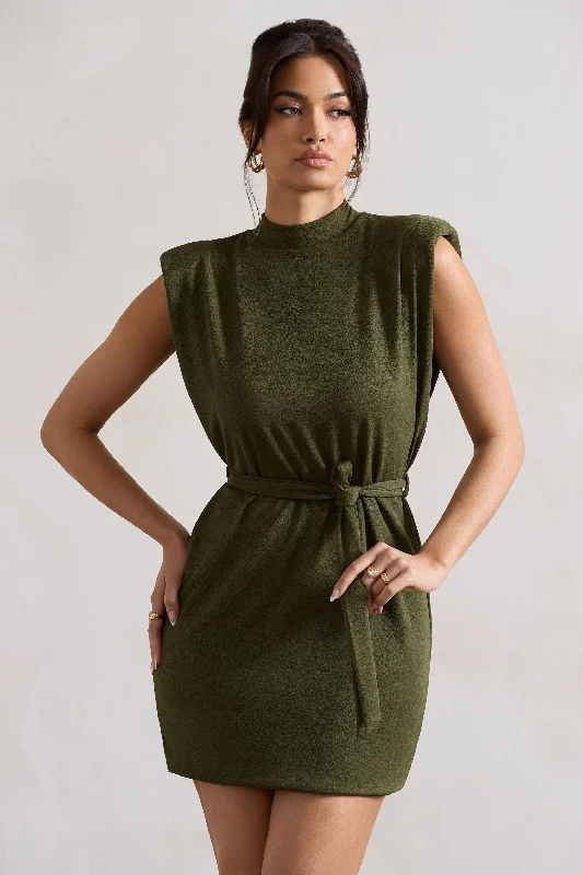 Best Sellers Asher | Olive High-Neck Mini Dress With Tie Waist Contemporary Chic