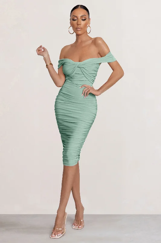 Trendy Street Style Gratitude | Sage Off The Shoulder Ruched Midi Dress Formal Outfit