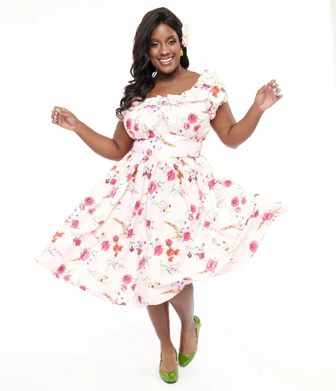 Urban Style Promotions Unique Vintage Plus Size 1950s Pink Floral Off The Shoulder Ruffle Swing Dress Urban Sophistication