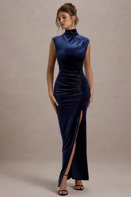 Gift Ideas Abilene | Navy Velvet High-Neck Split Maxi Dress Feminine Allure