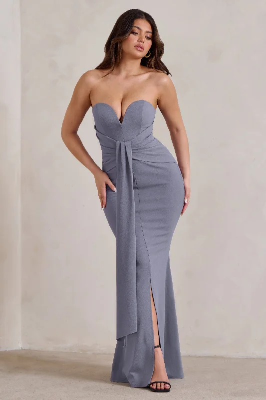 Chic Trend Collection Carrie | Grey Sweetheart Neckline Maxi Dress With Statement Tie Lightweight Fabric