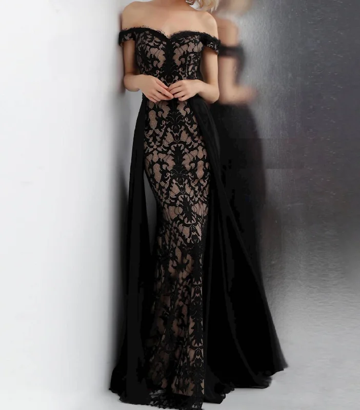 Mega Sale Off Shoulder Contrasting Lace Overskirt Gown In Black/nude Soft Textures