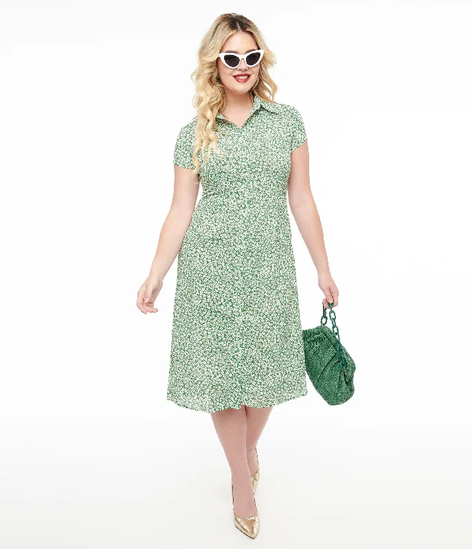 Trend Alert Green & White Ditsy Floral Print Button Up Midi Dress Cottagecore Rustic Charm Style