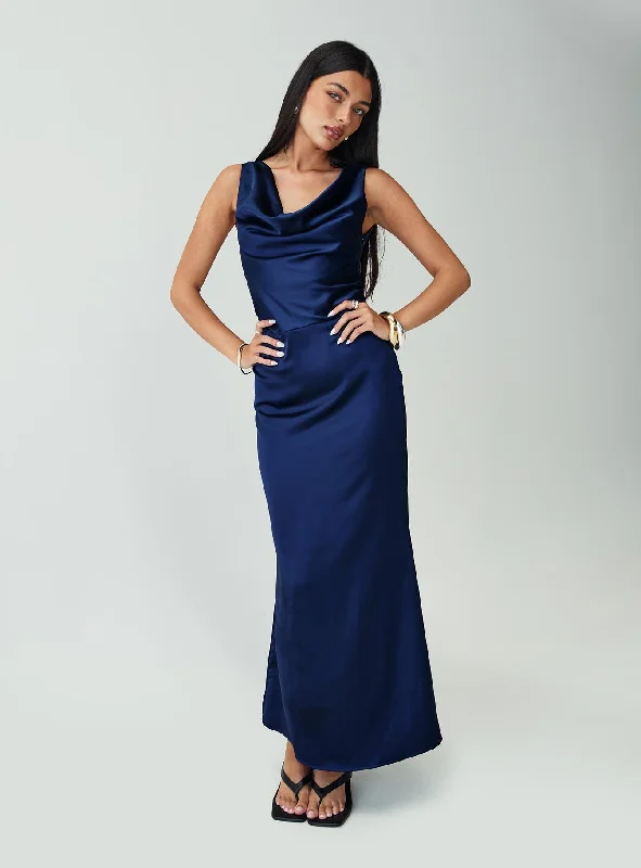 Stay Ahead In Style Soprano Plunge Maxi Dress Navy Romantic Detailing