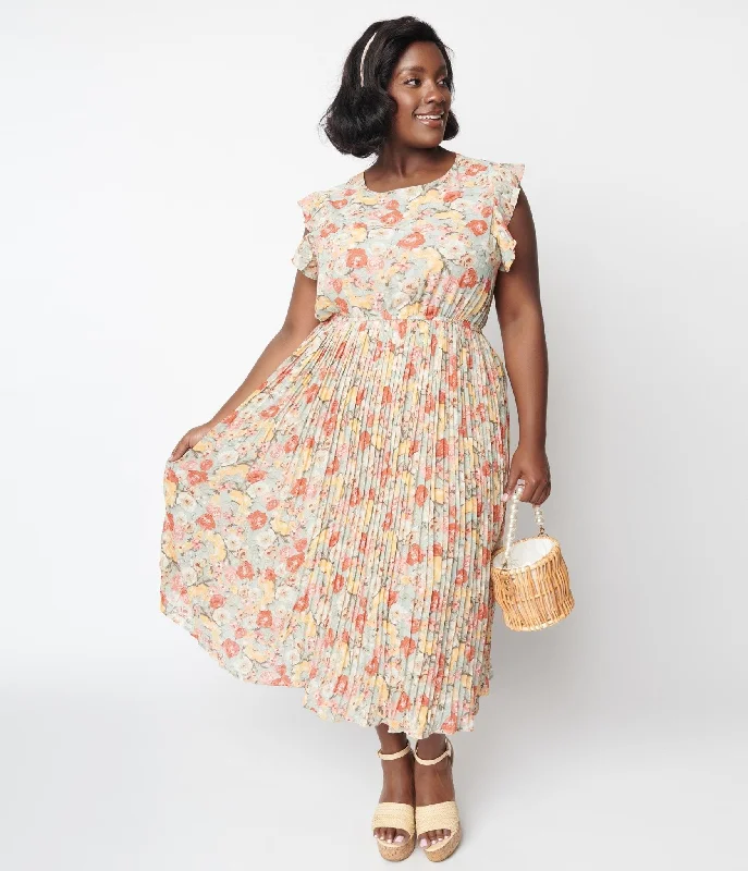 Budget Friendly Sage Floral Pleated Midi Dress Weekend Special