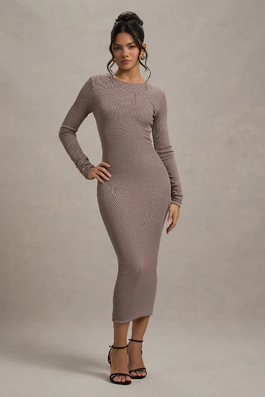 Street Chic Discounts Madden | Taupe Rib Knit Cowl-Back Midi Dress Graceful Movement