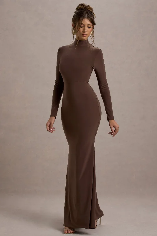 Massive Savings Tova | Chocolate High-Neck Long-Sleeve Maxi Dress Elegant Ensemble