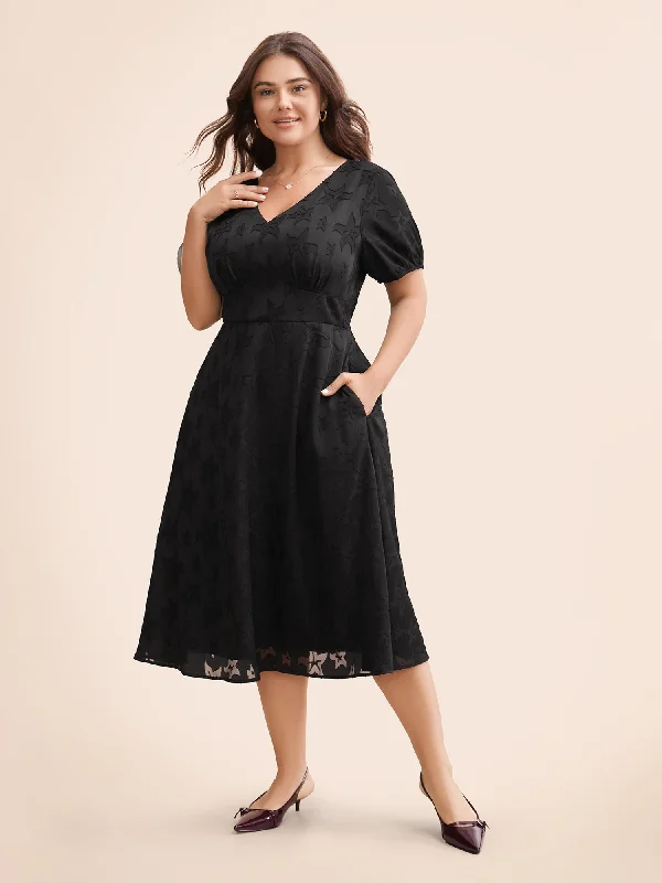 Feminine Luxe Style Sale Star Textured Lantern Sleeve Midi Dress Bold Patterns