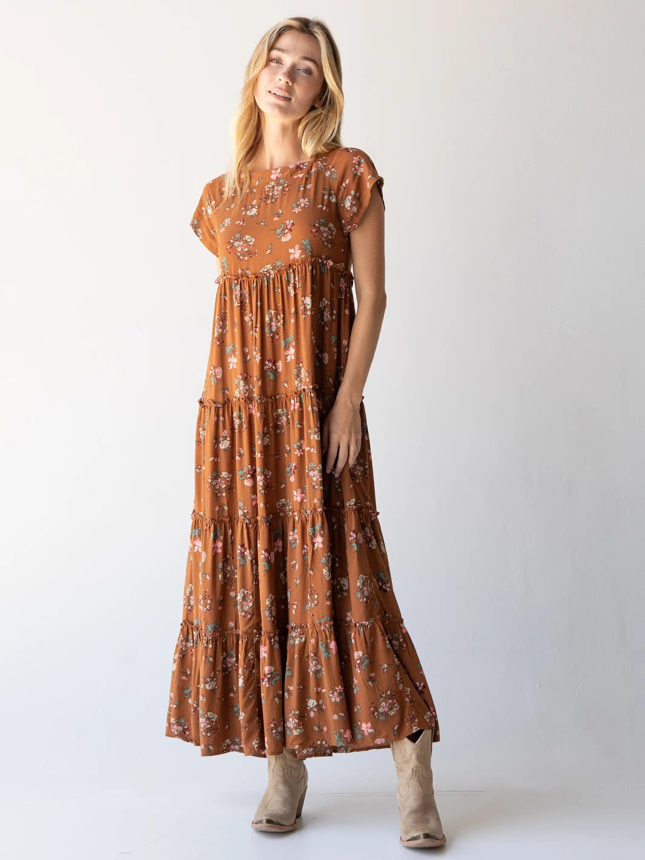 Refined Fashion Sale Berkley Maxi Dress - Brown Bouquets Effortless Style