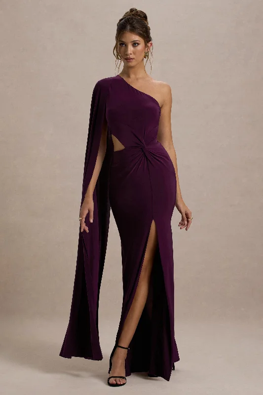 Must Haves Brona | Plum One-Shoulder Cape-Sleeve Split Maxi Dress Vintage Charm