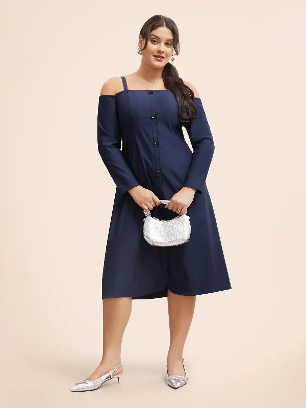 Seize Bargains Stretch Woven One-Shoulder Midi Dress Classic Timeless Elegant Style