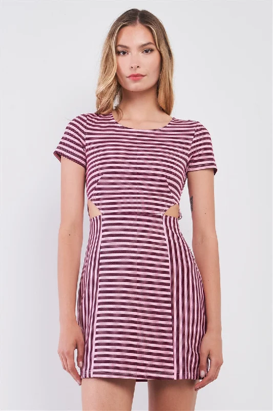 Sophisticated Style Offers Hot Girl Pink & Black Striped Short Sleeve Cut-Out Detail Mini Dress Y2K Nostalgic Fashion Look