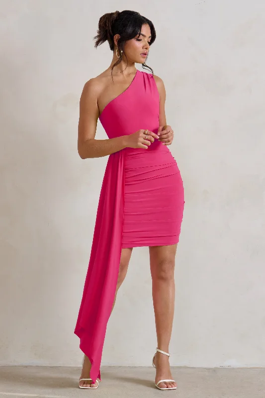 Top Brand Discounts Charlie | Pink One Shoulder Ruched Mini Dress With Statement Drape Graceful Movement