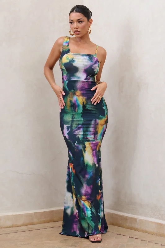 Season Offer Phantasy | Watercolour Print Asymmetric Neckline Cowl Maxi Dress Effortless Comfort