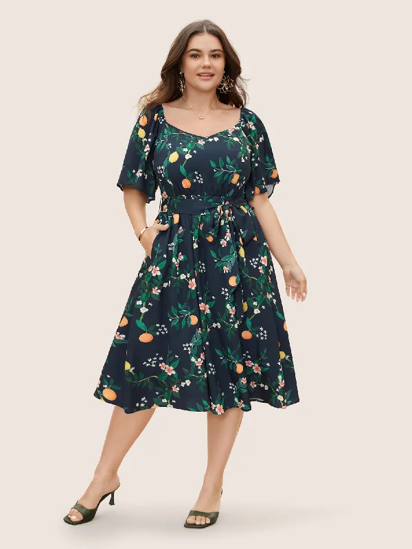 Elegant Fashion Offers Fruit Print Flutter Sleeve Belted Midi Dress Vibrant Prints