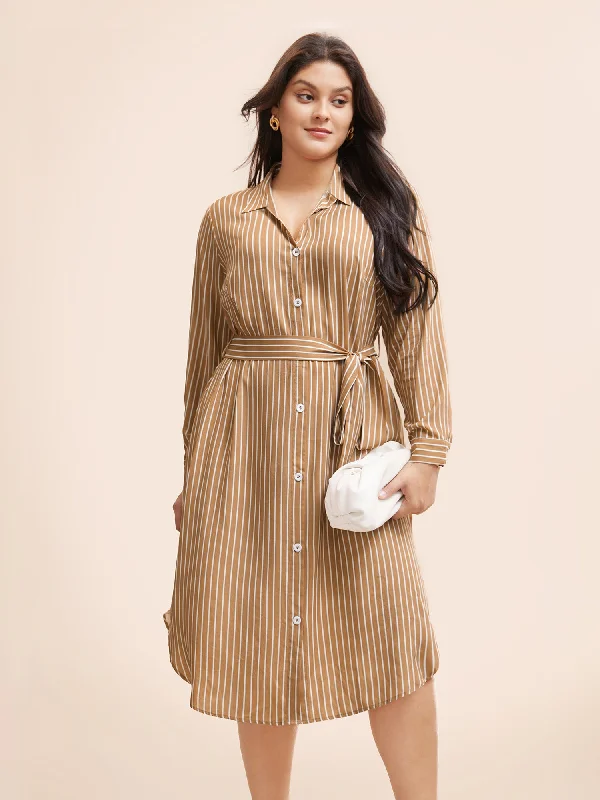 Popular Collection Striped Shirt Collar Curved Hem Midi Dress Feminine Grace