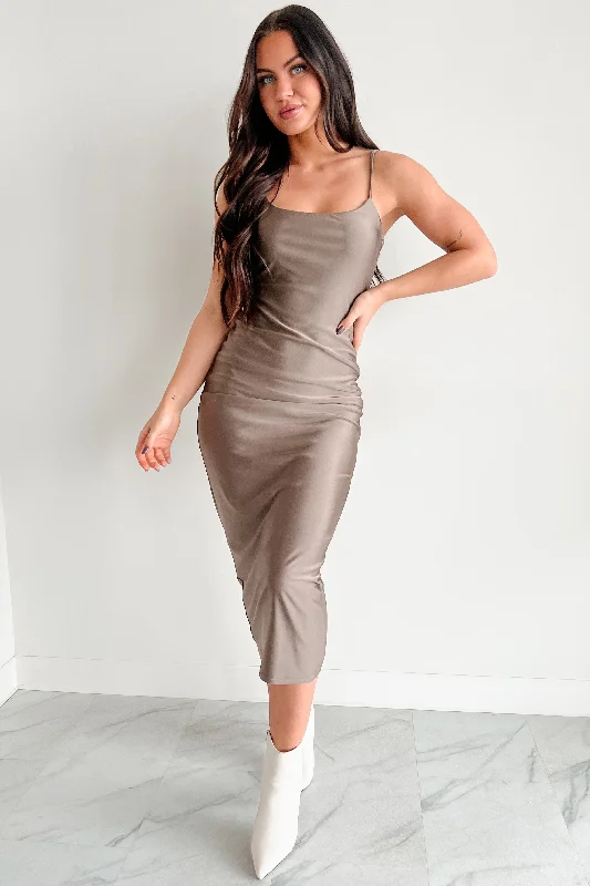 Best Deals Of The Season Almost Everyday Glossy Midi Dress (Taupe) Lightweight Fabric