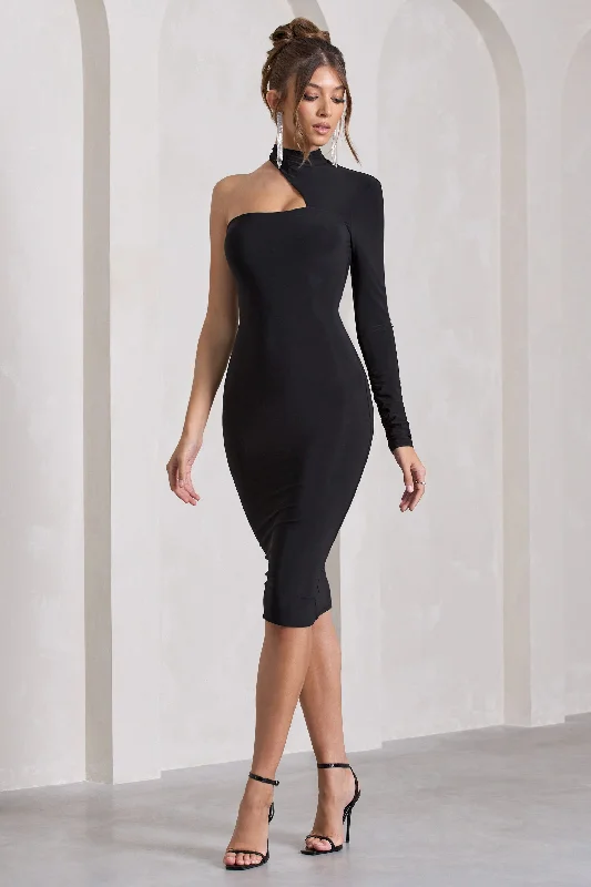 Classy Style Discounts Liz | Black Halter-Neck One Sleeve Open-Back Midi Dress With Sash Chic Allure