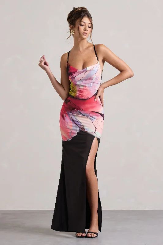 Best Sellers Kali | Black Floral Print Cowl-Neck Open-Back Split Maxi Dress Luxury Comfort