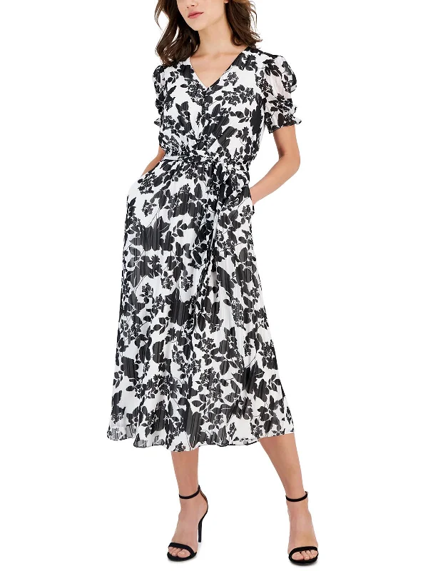 Stylish Statements Womens Floral Print V-Neck Midi Dress Luxe Layering