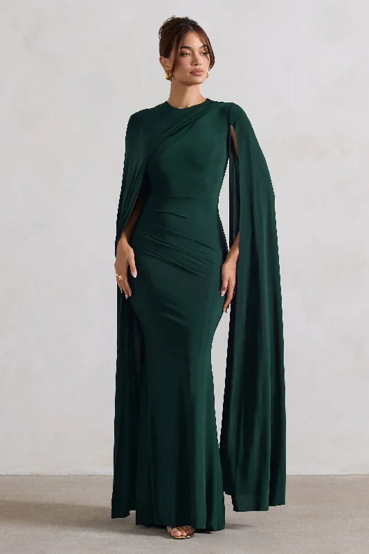 Limited Edition Magdelena | Bottle Green Asymmetric Cape Maxi Dress Lightweight Fabric