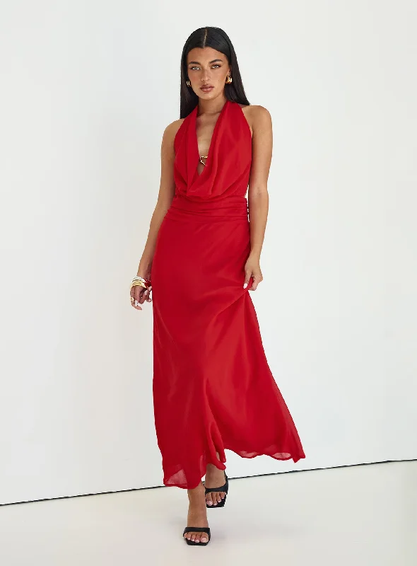 Final Sale Alejandria Cowl Neck Maxi Dress Red Parisian Effortless Chic Style