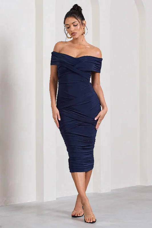 Sporty Fashion Offers Amanda | Navy Twisted Wrap Bardot Midi Dress Urban Sophistication