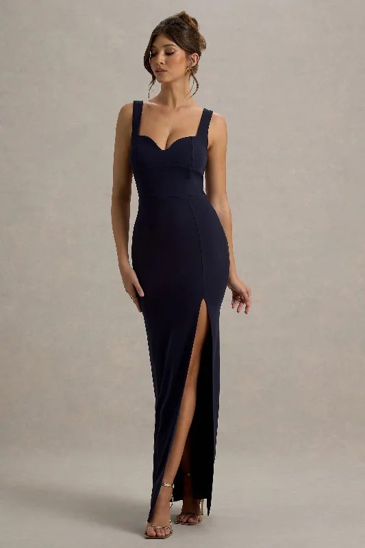 Unleash Your Trendy Side Ashburn | Navy Strappy Sweetheart Split Maxi Dress Minimalist Office - Ready Style