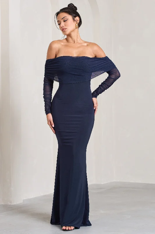 Exclusive Discounts Madeleine | Navy Fishtail Maxi Dress With Bardot Mesh Long Sleeves Subtle Sophistication