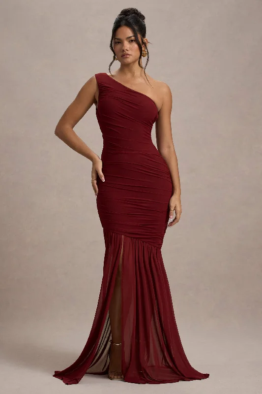 Limited Stock, Big Sale Bastia | Burgundy Ruched Mesh Asymmetric Maxi Dress Modern Romance