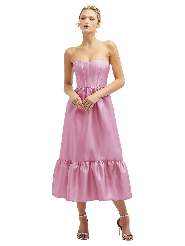 Chic Trends Unveiled Strapless Satin Midi Corset Dress with Lace-Up Back & Ruffle Hem Sophisticated Cut