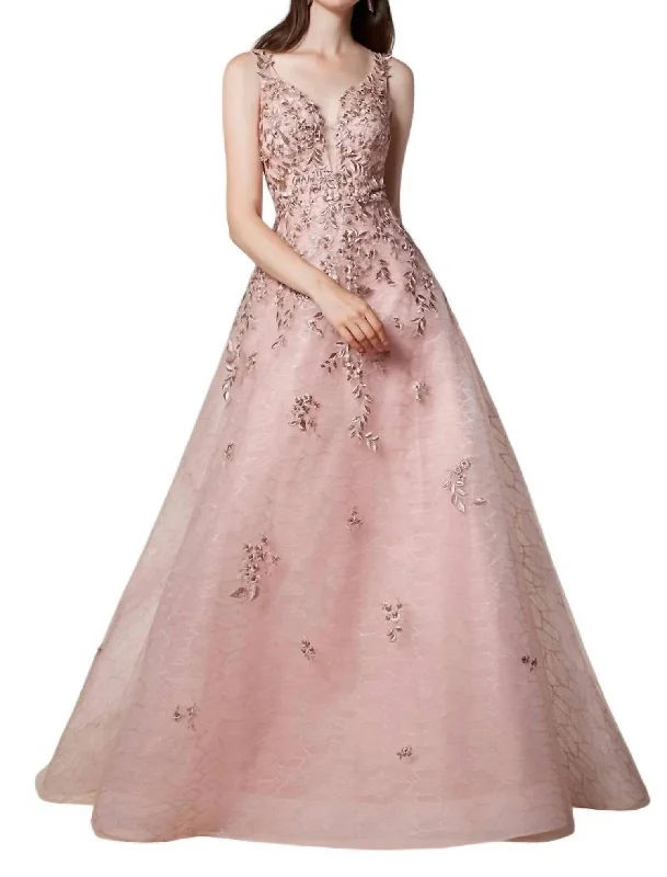 Trend Alert Beaded Lace V-Neck Ballgown In Rose Elegant Contour