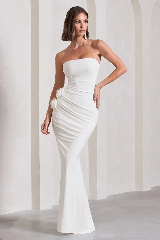 Seasonal Picks My Muse | White Ruched Bandeau Split Maxi Dress With Flowers Playful Elegance