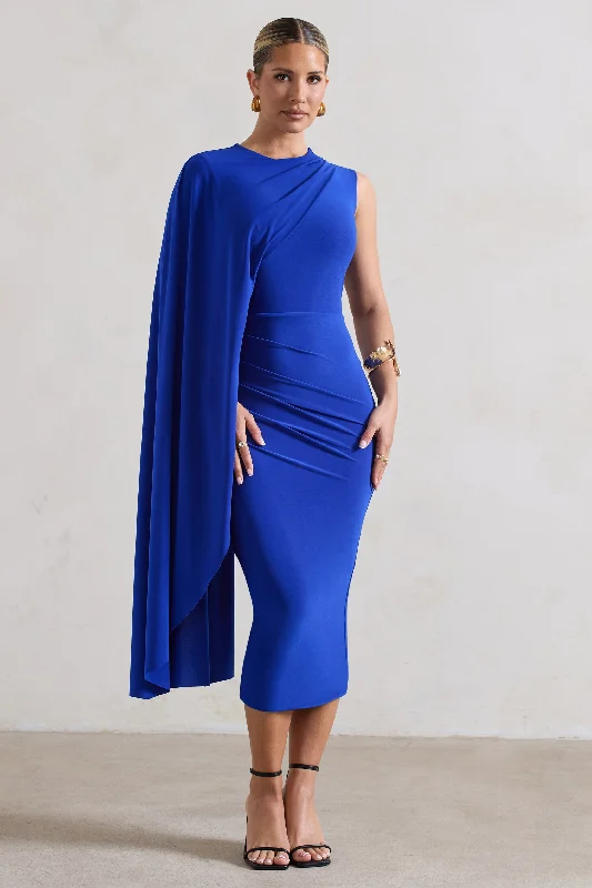 Fashion-Forward Offers Reveal | Royal Blue One-Sleeve Cape Midi Dress Luxe Layering