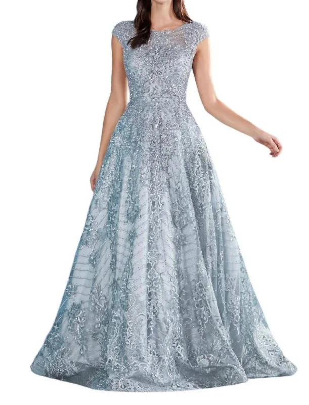 Stylish Looks Beaded Lace Cap Sleeve Ballgown In Eucalyptus Fashion-Forward Style