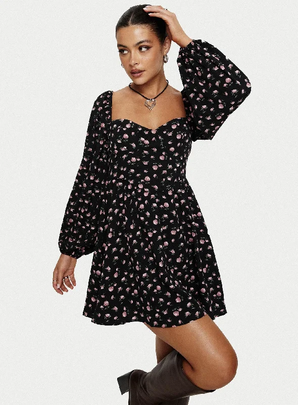 Latest Trends Darso Long Sleeve Mini Dress Black Floral Disco - Inspired Retro Dance Look