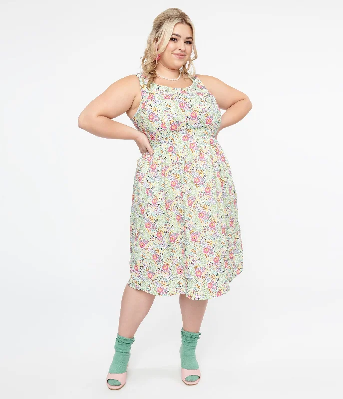 Bold Style Discounts Retrolicious Plus Size 1950s Green Floral Cat Print Fit & Flare Dress Exquisite Craftsmanship