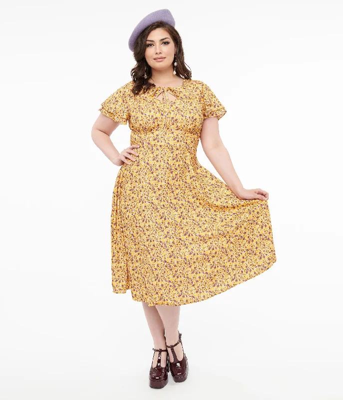 Casual Chic Deals Plus Size 1950s Yellow & Purple Floral Capelet Swing Dress Romantic Flair