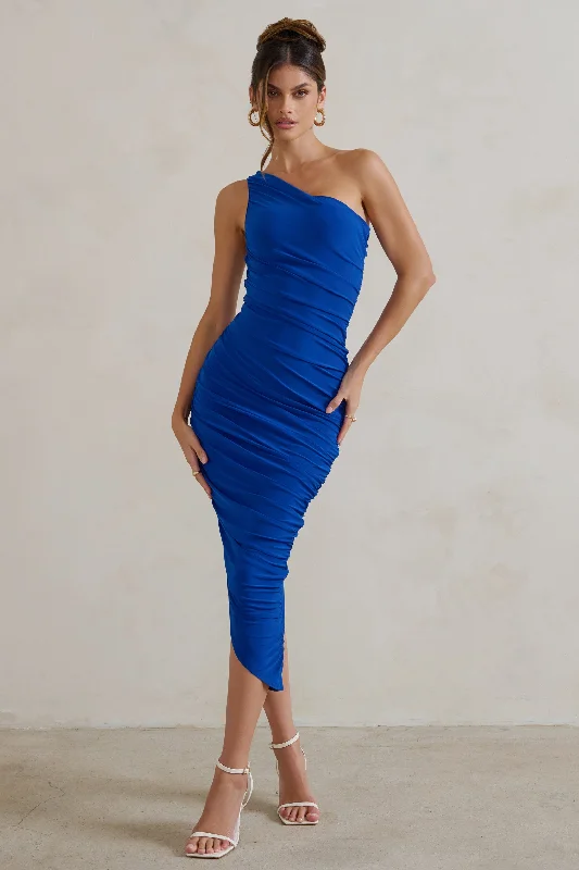 Evening Elegance Dorit | Cobalt Blue One Shoulder Asymmetric Ruched Midi Dress Grab Romantic Date - Night Styles Now