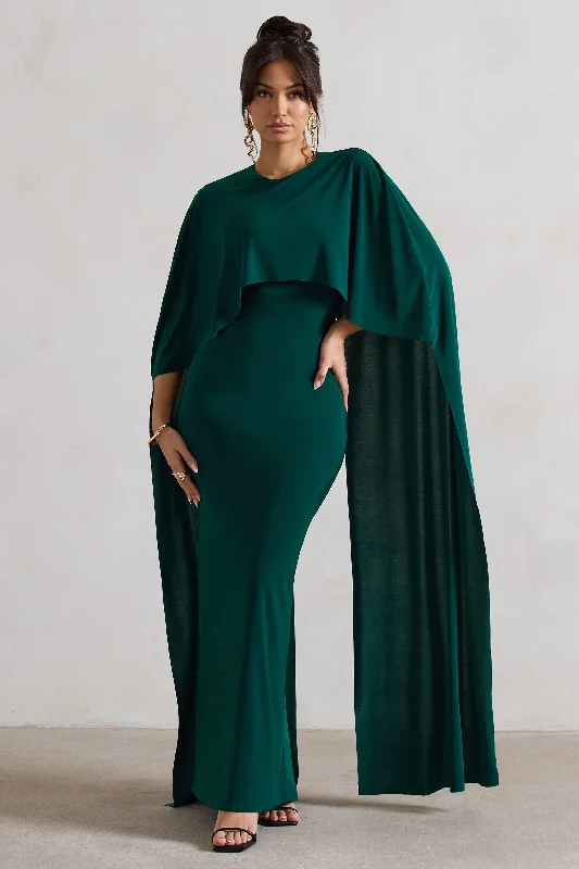 Buy More, Save More Padma | Bottle Green Draped Maxi Dress With Cape Sleeves Casual Weekend Relaxed Style