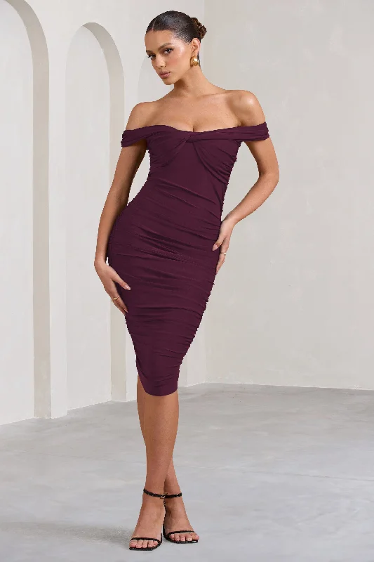 Trendy Looks On Sale Gratitude | Plum Off The Shoulder Ruched Midi Dress Flowing Silhouette