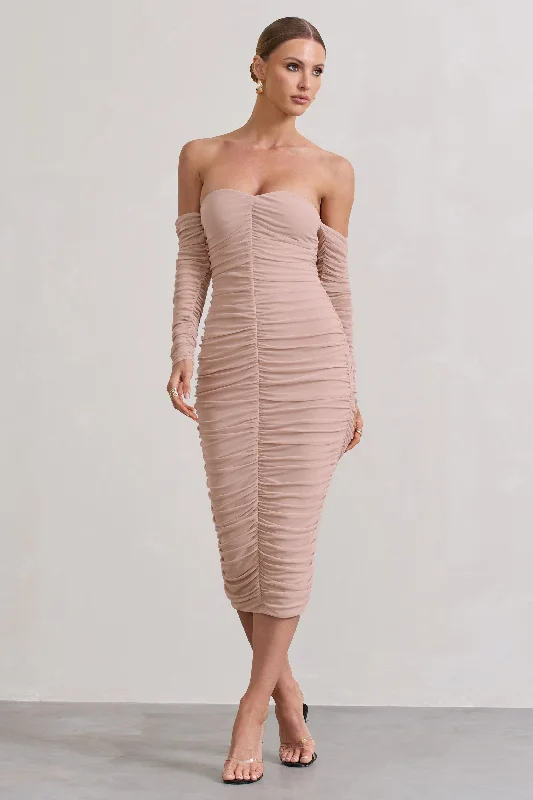 Special Offer Indy | Champagne Ruched Strapless Long-Sleeve Midi Dress Playful Elegance