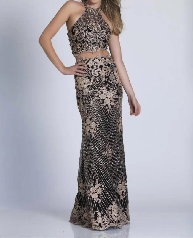 End Of Season Sale Beaded Two Piece Gown In Black And Gold Subtle Sophistication