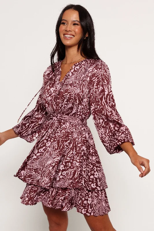 Relaxed Style Wrenley Long Sleeve Mini Dress - Chocolate/Pink Romantic Date - Night Ensemble