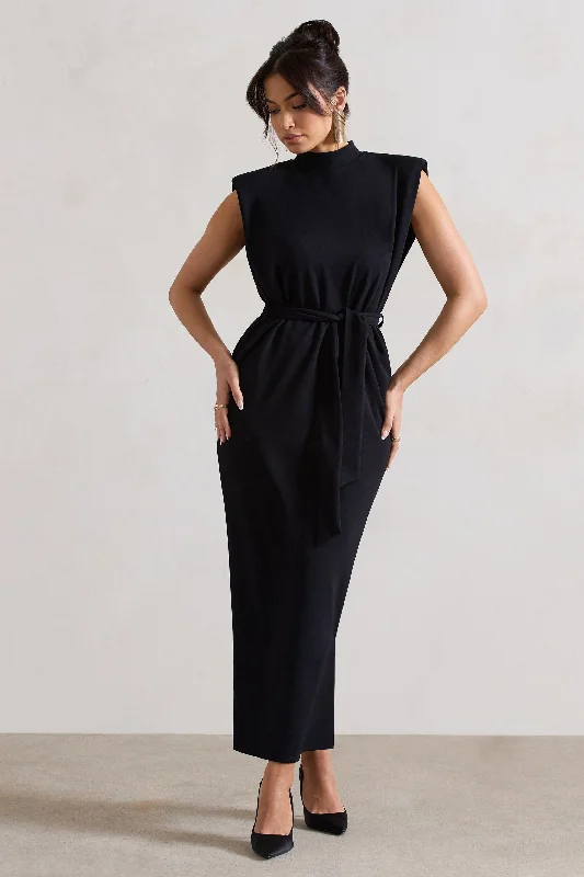 Modern Chic Discounts Abbie | Black High-Neck Maxi Dress With Tie Waist Elegant Contour