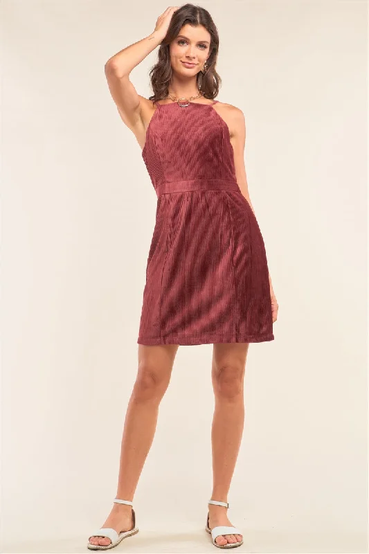 Casual Chic Deals Hot Girl Charli Corduroy Square Neck  Mini Dress In Cranberry Red Cottagecore Rustic Charm Style