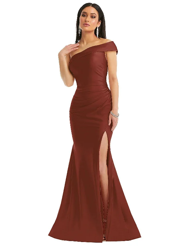 Chic Style, Always In Vogue One-Shoulder Bias-Cuff Stretch Satin Mermaid Dress with Slight Train Effortless Comfort