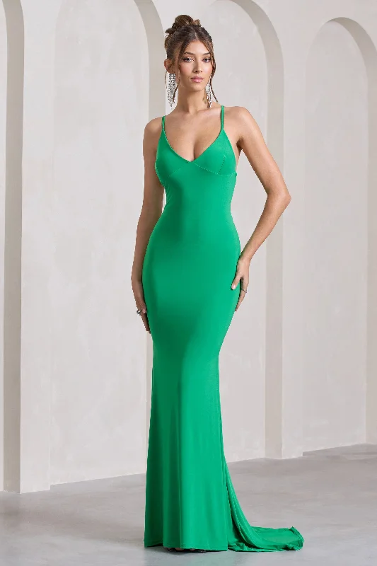 Exclusive Deals Online Lucky Number | Green Cross Back Fishtail Maxi Dress Lightweight Fabric