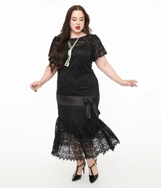 Fashion Frontiers Unique Vintage Plus Size 1920s Black Floral Lace & Bow Flapper Dress Weekend Special