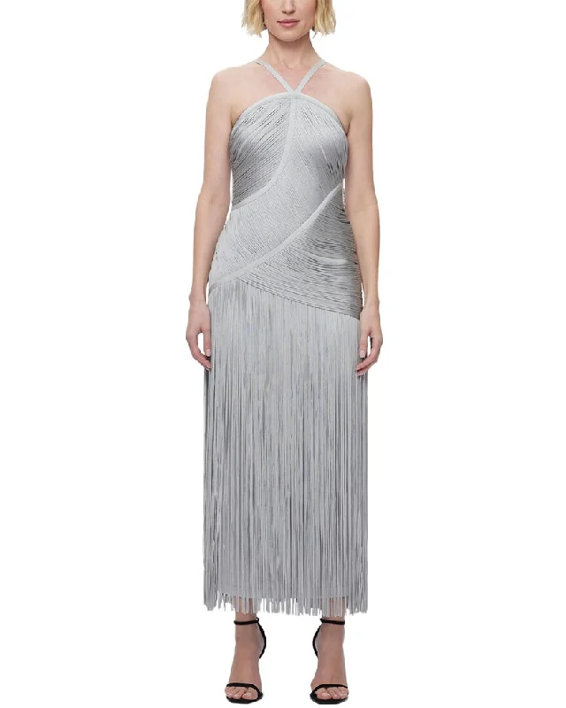 The Latest Trends Herve Leger Asymmetric Draped Fringe Halter Gown Weekend Special